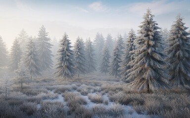Obraz premium Misty Winter Forest Landscape Photography | Frost Covered Winter Forest with Pine Trees | Ethereal Winter Forest Snow Scene