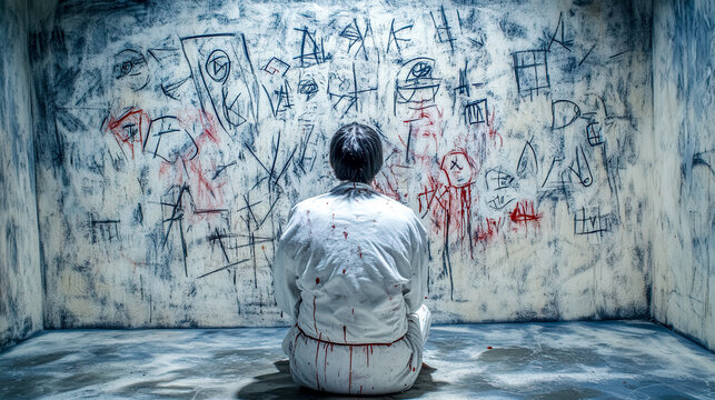 Patient wearing straitjacket sitting on floor against wall with scribbles and blood stains