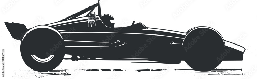 Poster stylized silhouette of a racecar with a driver emphasizing speed and motorsport dynamics.