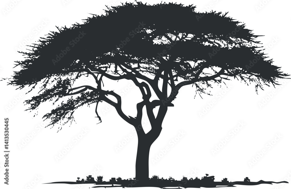 Poster silhouette of a large tree showcasing its intricate branches and leaves against a plain background