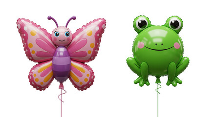Fototapeta premium Whimsical fun with vibrant butterfly and frog balloons against a crisp white backdrop, perfect for celebrations and adding a touch of joy.