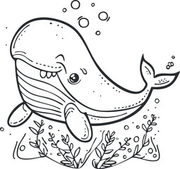 A cute cartoon whale smiling underwater surrounded by bubbles and seaweed in a playful design.