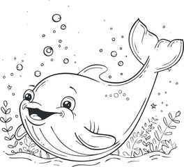 Fototapeta premium A cheerful cartoon whale swimming in the ocean surrounded by plants and bubbles.