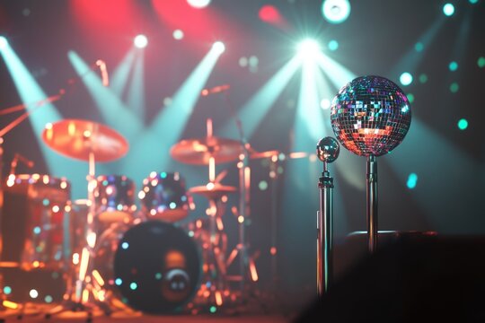 Disco ball on a stand in front of a blurred stage with drums and colorful lighting.