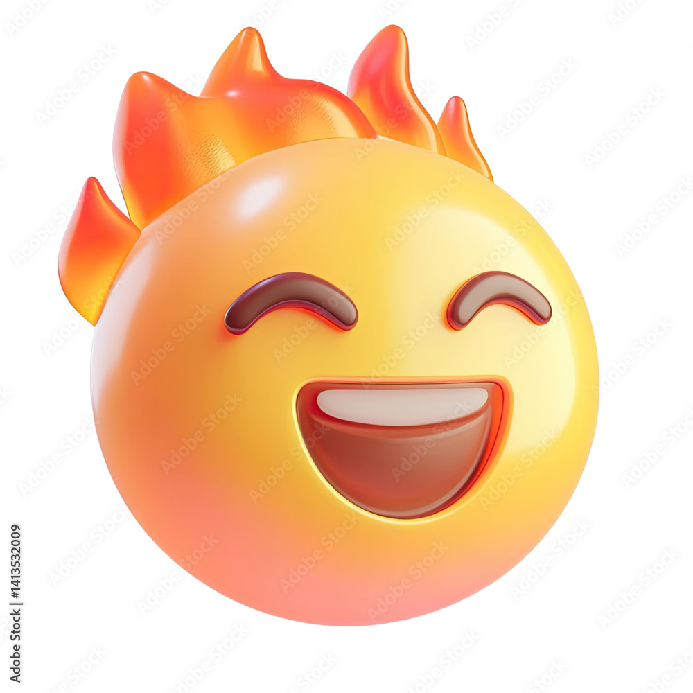 Poster a 3d rendered emoji with a cheerful expression and flames on top, set against a transparent backgrou