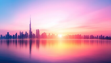 Fototapeta premium Pink and purple sunrise over a city skyline reflected in calm water. Warm light bathes the cityscape