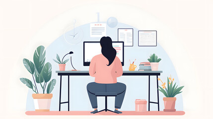 Fototapeta premium Professional girl sitting at desk with computer, watching online course or webinar