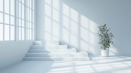 Minimalist white room with sunlight, stairs, and plant