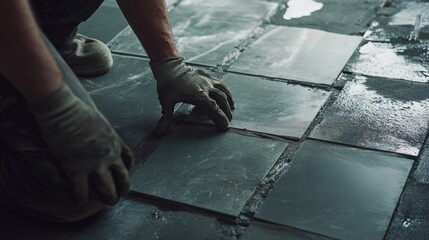 Construction worker placing ceramic tiles for floor installation. Featuring precision and finishing