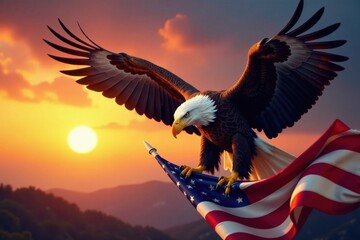 A majestic eagle grasping an American flag with its powerful beak and wings spread wide, set against a vibrant sunset background, sky, freedom, patriotic
