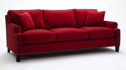 Fototapeta premium Luxurious red fabric sofa with three cushions and armrests