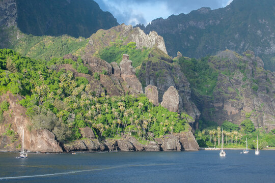 French Polynesia, Marquesas, Hana Vave, Bay of Virgins. Bay with The Virgins rock formation.