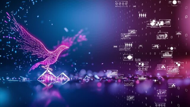 Futuristic phoenix of light emerging from digital grid, rebirth symbolism