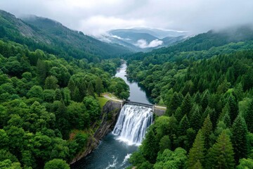 Fototapeta premium Serene Waterfall Cascade Surrounded by Lush Green Forest Landscape