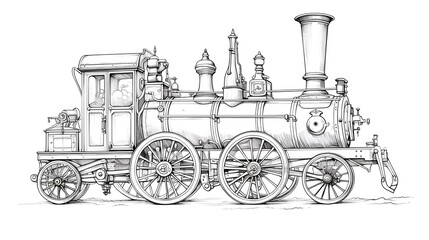 Fototapeta premium Vintage hand-drawn illustration of an antique steam engine with a large boiler and flywheel