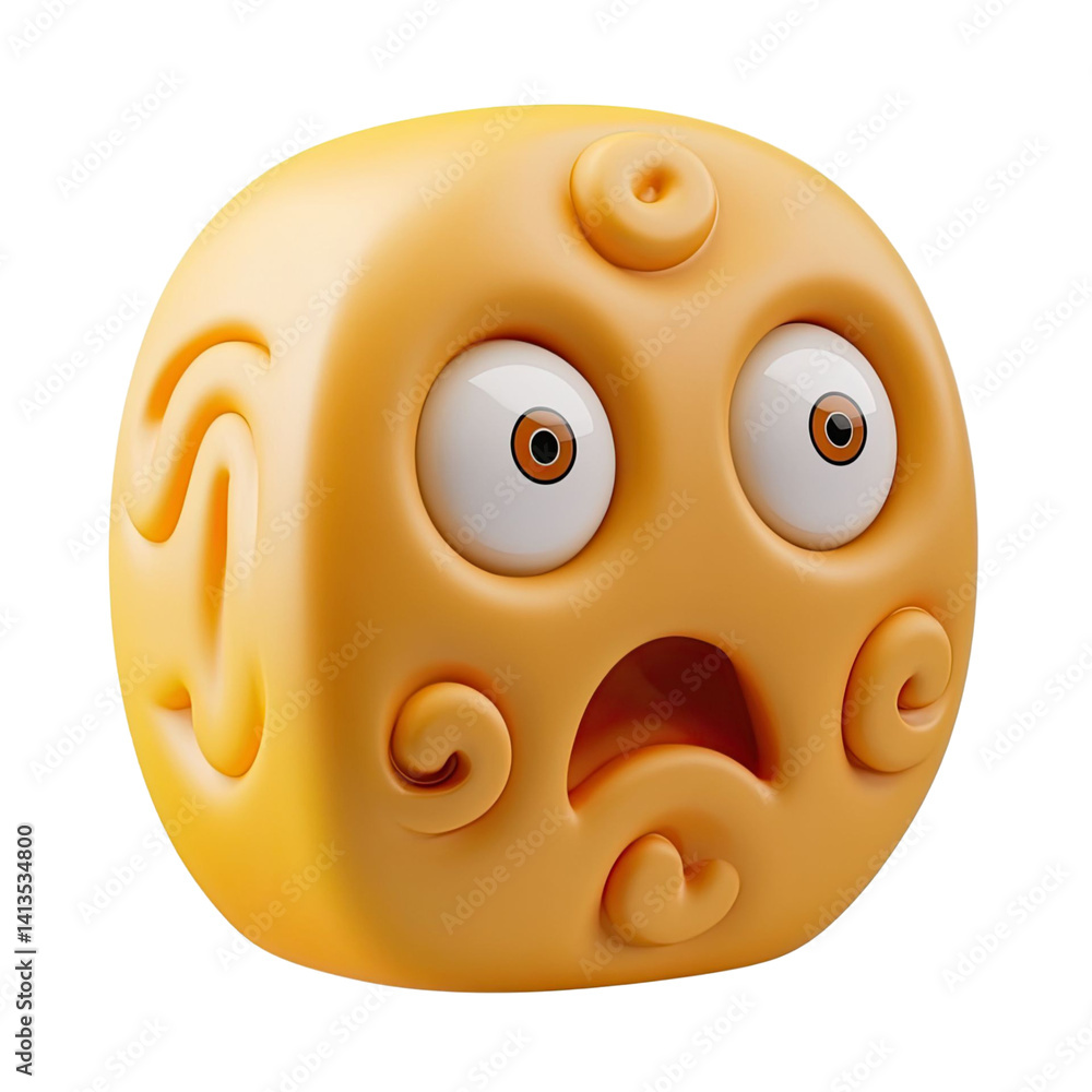 Poster animated emoji with open mouth and surprised eyes on transparent background. 3d render of a yellow c