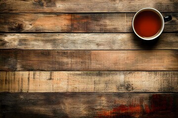 Rustic Wooden Background with Cup of Tea Top View