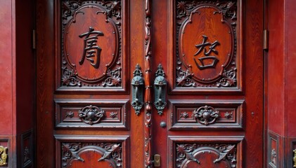 Calligraphic script on wooden doors with intricate carvings, calligraphy, doorways, script