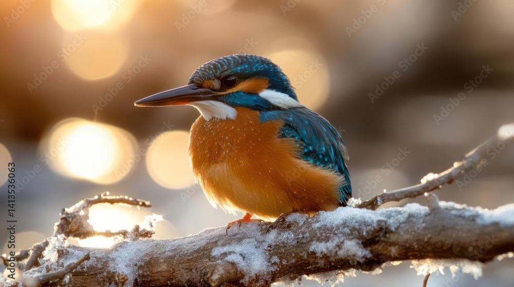 Poster close up on a kingfisher perched on a snow covered branch with a blurred background of sunlight refl
