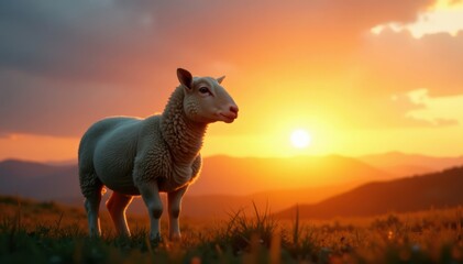 Fototapeta premium Close-up of a sheep's outline against the sky during the golden hour, rural, nature