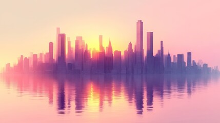 Fototapeta premium Sunset Reflections Over a Modern Cityscape with Futuristic Skyscrapers and Calm Waters