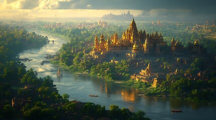 Fototapeta premium Golden City Landscape With River Photo Of Ancient Kingdom Majestic View