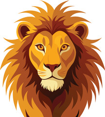 Majestic lion portrait digital art with golden mane and amber eyes.