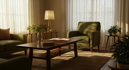 Golden Light Through Cozy Living Room Curtains