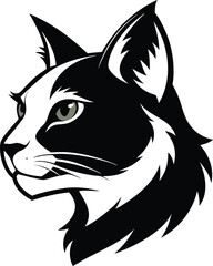 Minimalist Black and White Cat Illustration with Expressive Eyes and Sharp Ears.