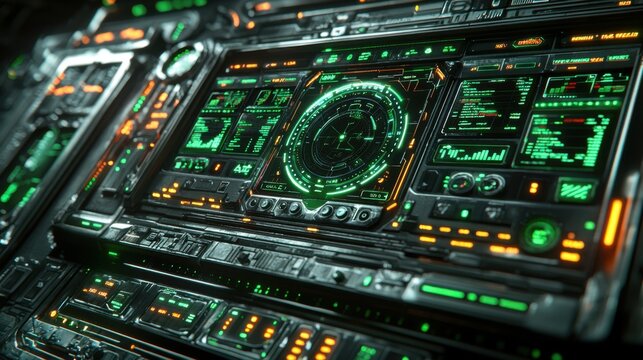 Futuristic Control Panel with Neon Green and Orange Displays