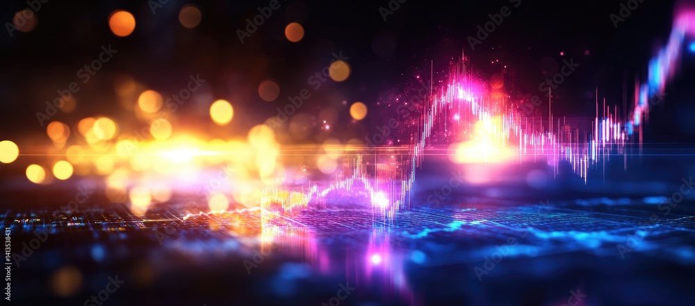 Poster abstract background with glowing bokeh lights and dynamic candlestick chart in vibrant colors