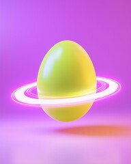 Neon yellow egg surrounded by cosmic rings in space on neon purple background. Creative minimal Easter holiday concept.	