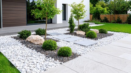 Obraz premium Modern minimalist landscape design with gravel pathway and neat shrubbery