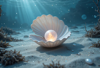 Glowing Pearl in an Open Seashell Underwater – Mystical Ocean Floor Scene sea shell in the water