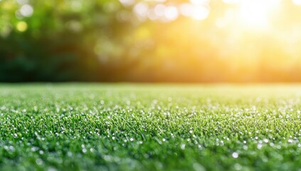 Naklejka premium Close-up view of vibrant green grass illuminated by warm sunlight, creating a tranquil and serene atmosphere