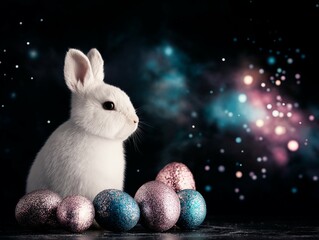 Cute white bunny with colorful Easter eggs in cosmic setup.  Creative minimal Easter holiday concept.	