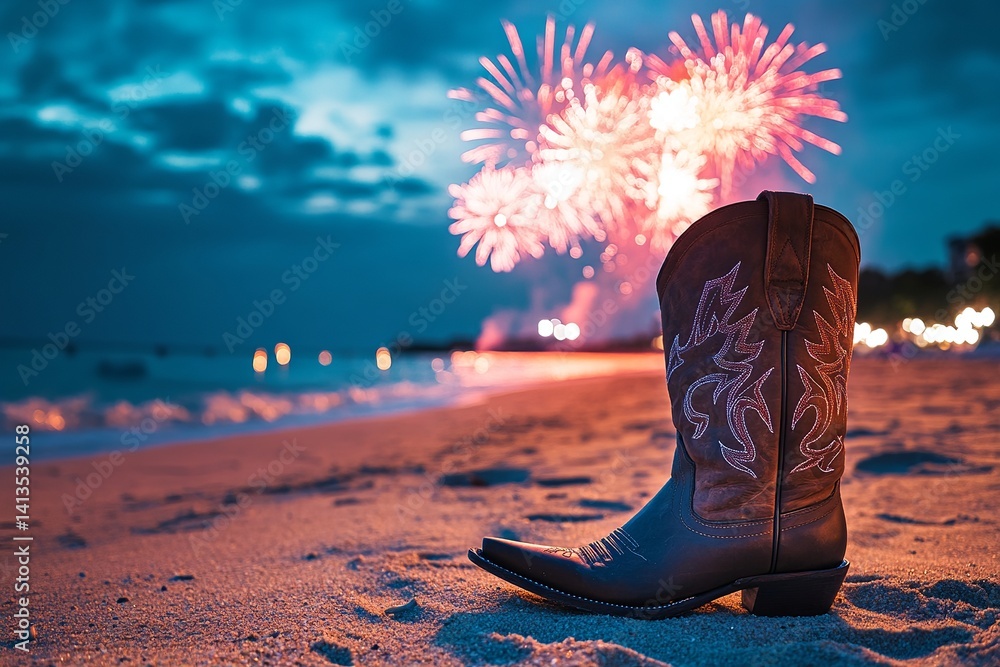 Poster cowboy boot on beach with fireworks in the background creating a festive and celebratory scene view