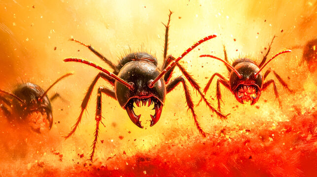 Angry ants battling for food crumb in fiery landscape