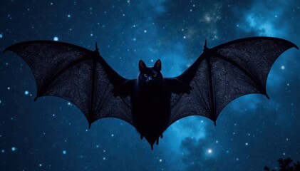 Naklejka premium Dark wings spread wide over midnight sky with textured bat silhouette against starry background, fantasy, black bat