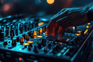 A hand skillfully adjusts the knobs and faders of a professional DJ mixer during a vibrant nightclub performance.