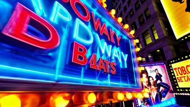 Broadway glowing at night with neon lights and billboards