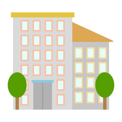Modern building vector. Window layout shape. Tree elements front. City architecture icon.
