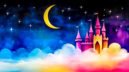 Naklejka premium Fairytale castle sitting on clouds under crescent moon and stars in dreamlike night sky