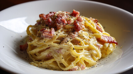 Pasta carbonara with creamy sauce bacon bits black p