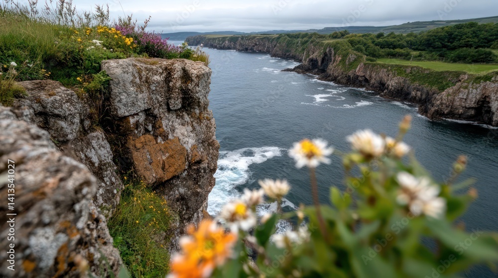 Aufkleber scenic view of a rocky coast with wildflowers, showcasing the natural beauty of rugged cliffs meetin