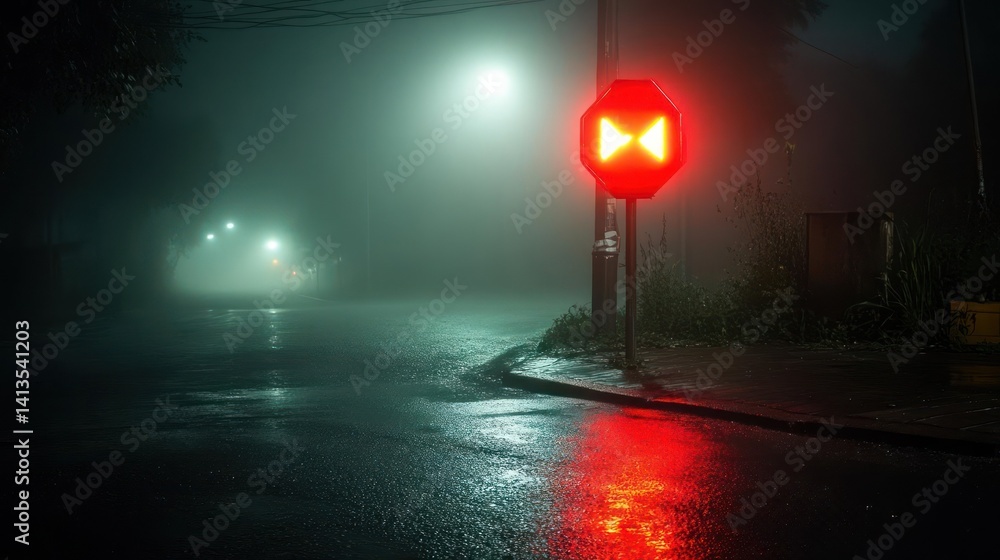 Aufkleber night scene featuring a red warning signal on a wet road in dense fog. streetlights illuminate the b