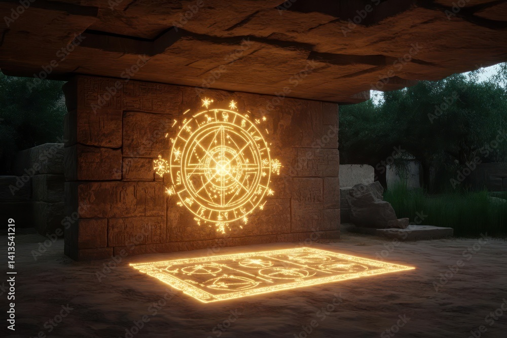 Fototapete Abstract shot under a stone structure featuring a glowing symmetrical design and a rectangular platform of light. The scene is set against a backdrop of foliage, creating an eerie yet intriguing