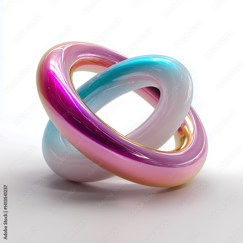Poster two intertwined glossy rings creating visual harmony, abstract 3d render