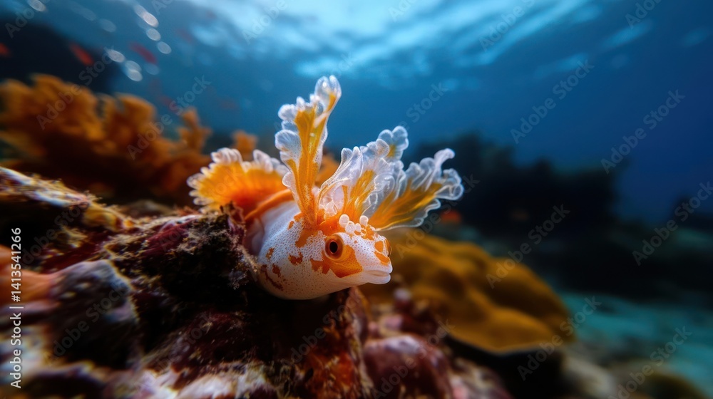 Poster macro shot of a small white and orange fish with decorative fins on coral reef, showcasing its vibra