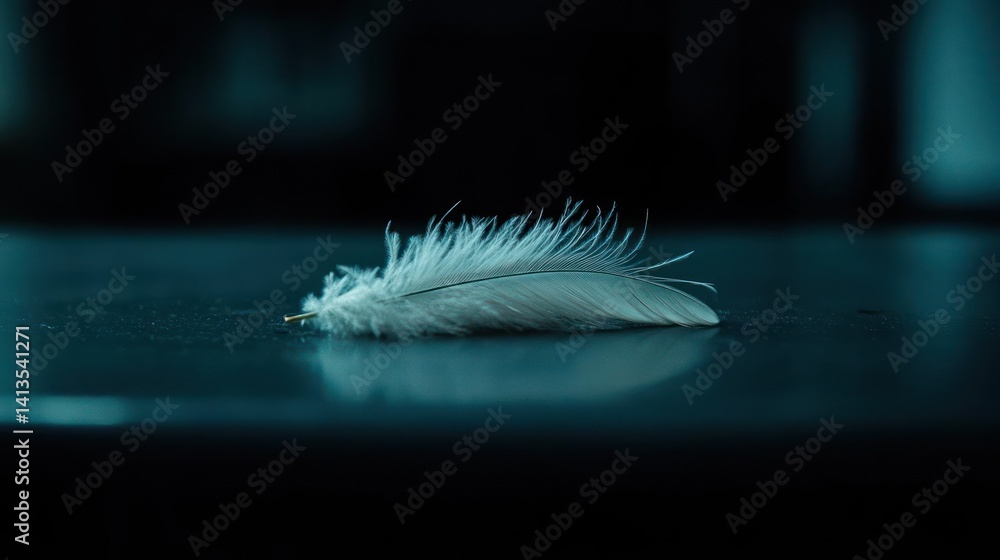 Poster Close-up of a delicate white feather laying on a dark reflective surface. The feather is softly illuminated, creating a gentle contrast against the blurred background and capturing its intricate